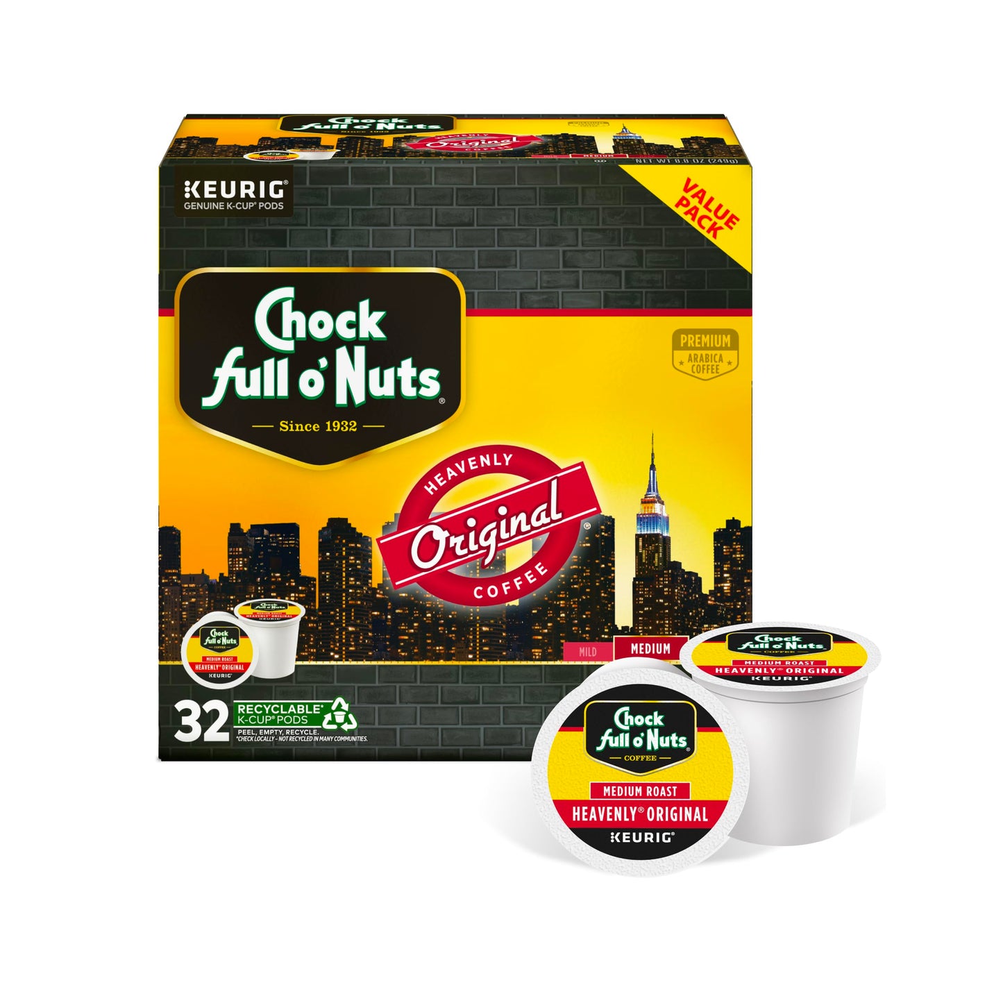 Chock Full o' Nuts Medium Roast - Single Serve - 1 Pack of 32 K-Cup Po